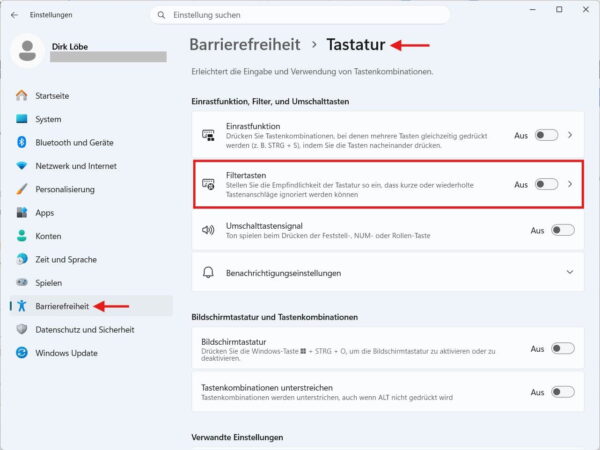 Filtertasten in Windows 11 Filtertasten in Windows 11 prüfen und deaktivieren