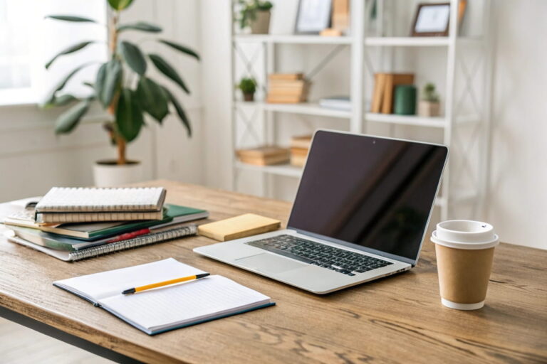 Moderner Schreibtisch mit Laptop, Notizbüchern und Kaffeetasse – ideale IT-Lösungen für Studierende in einem organisierten Arbeitsumfeld.