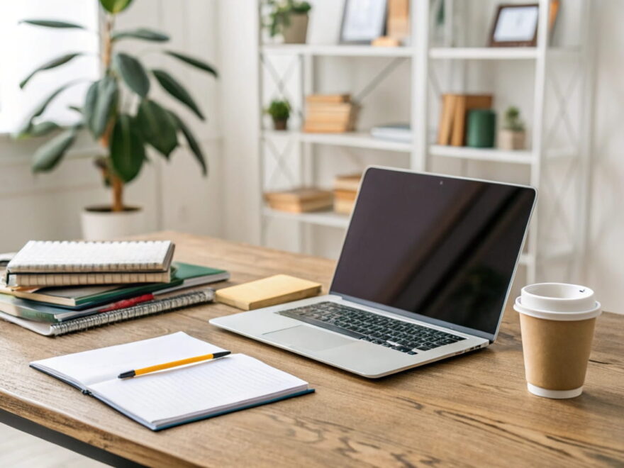 Moderner Schreibtisch mit Laptop, Notizbüchern und Kaffeetasse – ideale IT-Lösungen für Studierende in einem organisierten Arbeitsumfeld.