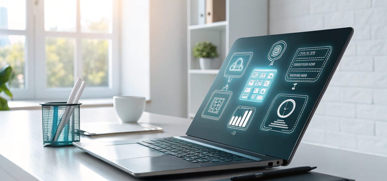 Laptop mit holografischer Benutzeroberfläche, die KI-Tools wie Textverarbeitung, Bildbearbeitung und Datenanalyse darstellt.
