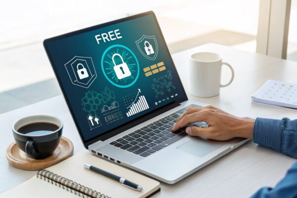 Sicher und effizient: Tipps für kostenlose KI-Tools Laptop mit Datenschutzsymbolen und Effizienzdiagrammen auf dem Bildschirm, Hand passt Privatsphäre-Einstellungen an, auf einem Schreibtisch mit Notizbuch.