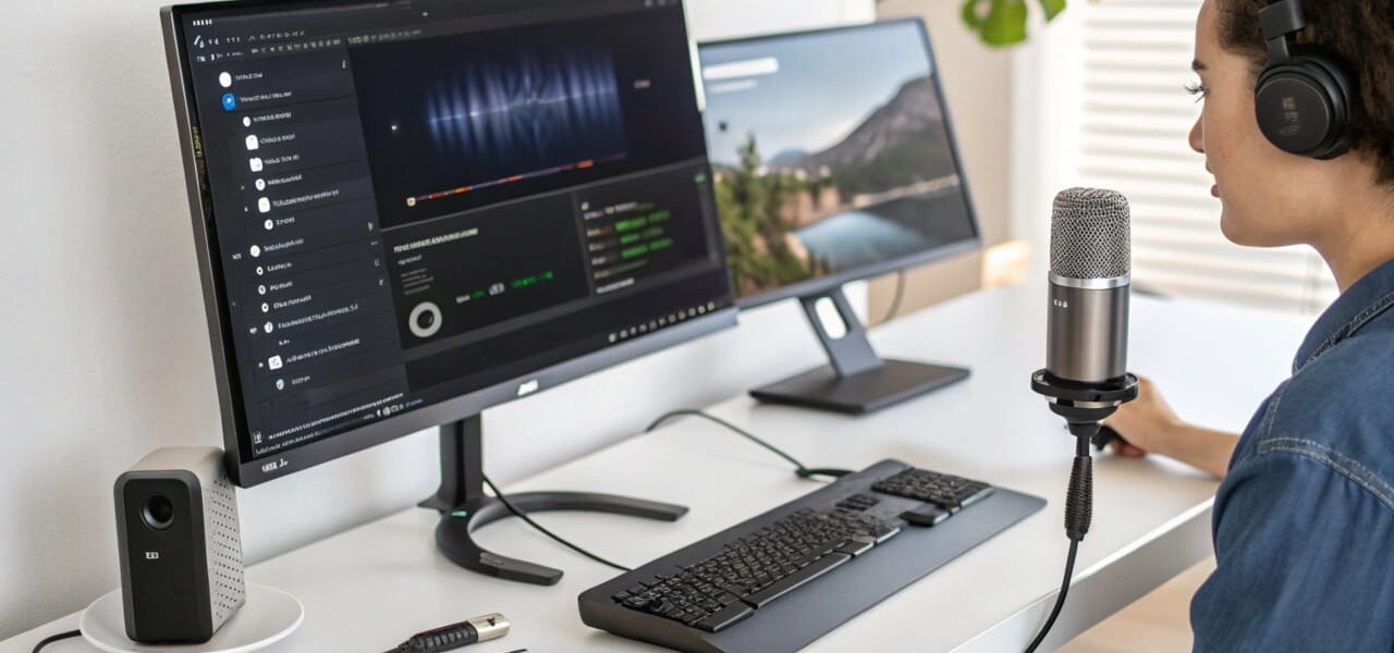 Mensch überprüft Mikrofonanschluss und Audioeinstellungen am Computer, um Mikrofonprobleme zu beheben.