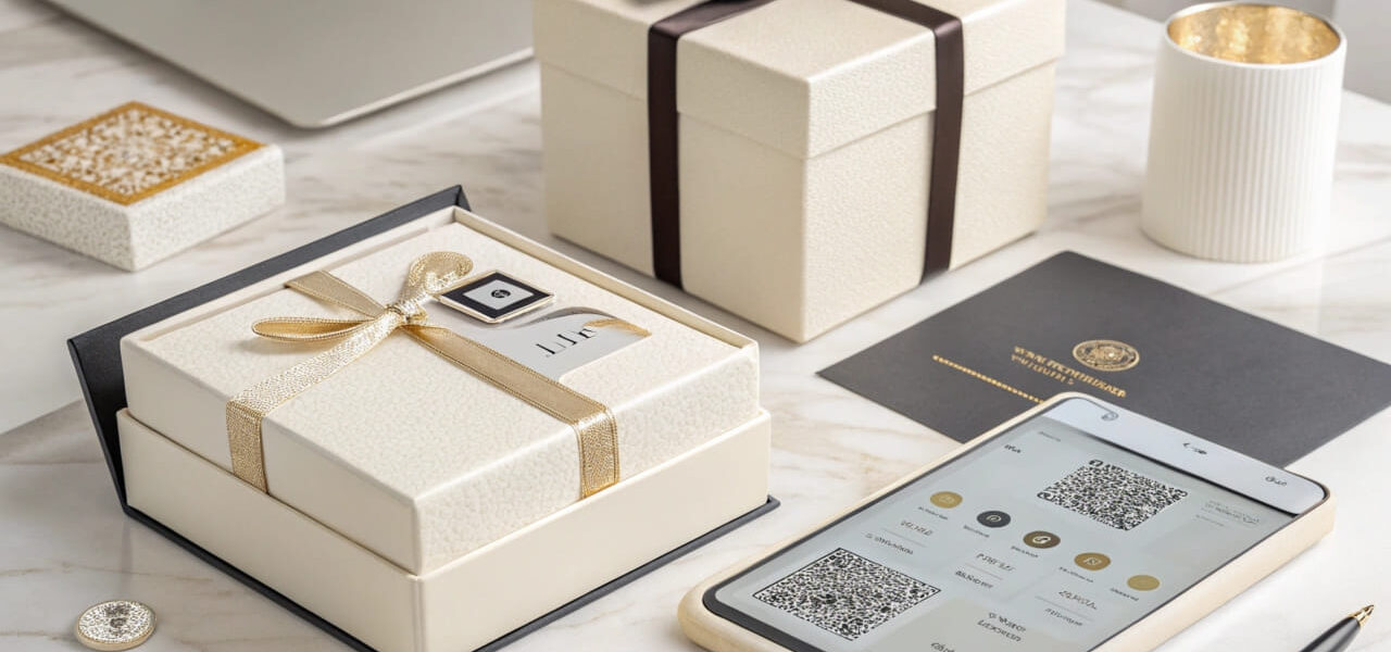 Elegante Geschenkverpackung mit moderner Technologie, QR-Codes und holographischen Elementen in einem Studio-Setting.
