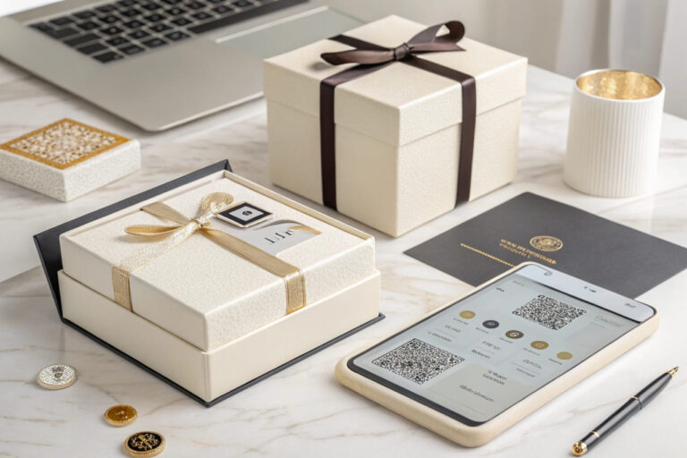 Elegante Geschenkverpackung mit moderner Technologie, QR-Codes und holographischen Elementen in einem Studio-Setting.
