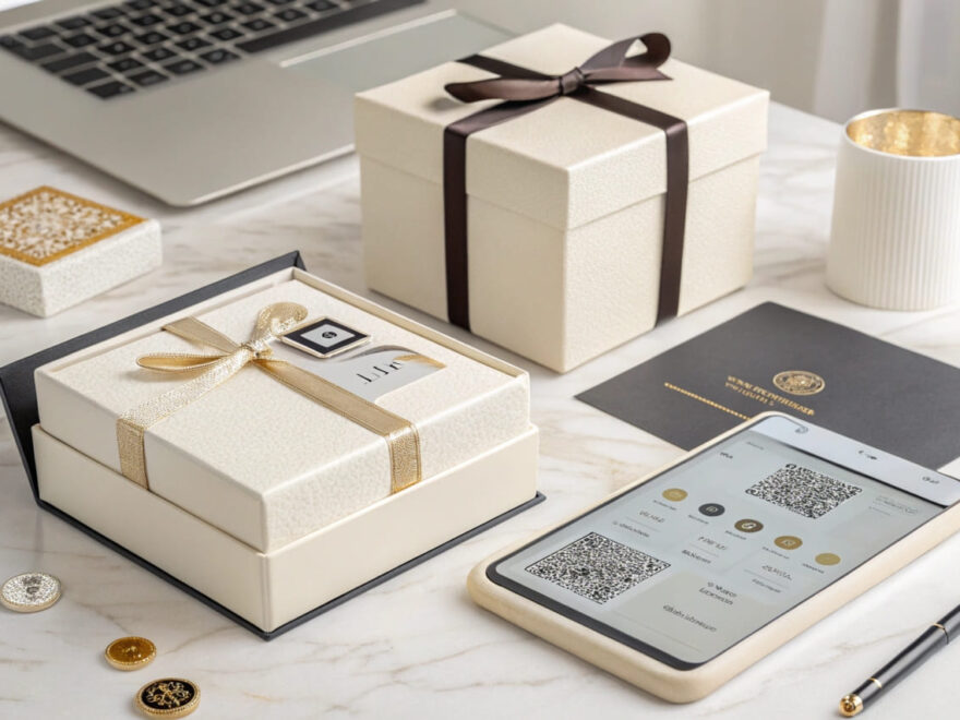 Elegante Geschenkverpackung mit moderner Technologie, QR-Codes und holographischen Elementen in einem Studio-Setting.