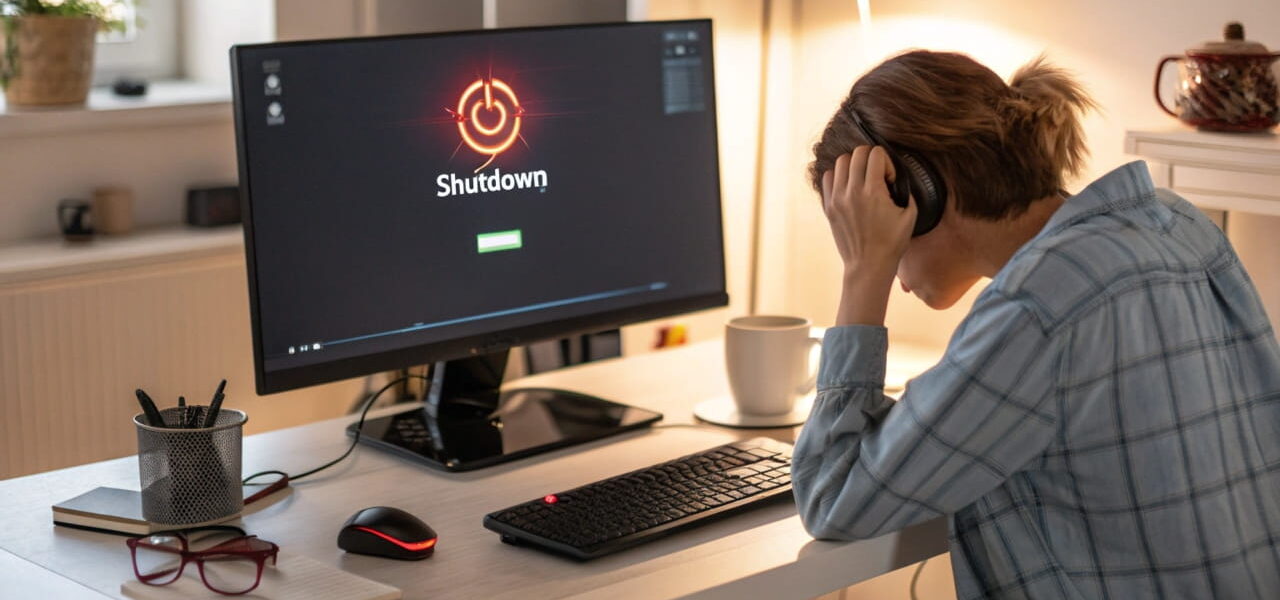 Ein moderner Desktop-PC mit leuchtendem Power-Button, der nicht reagiert, ein genervter Nutzer am Schreibtisch und ein eingefrorener Shutdown-Bildschirm.