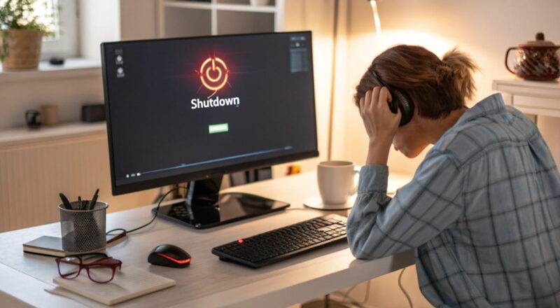 pc faehrt nicht herunter Ein moderner Desktop-PC mit leuchtendem Power-Button, der nicht reagiert, ein genervter Nutzer am Schreibtisch und ein eingefrorener Shutdown-Bildschirm.