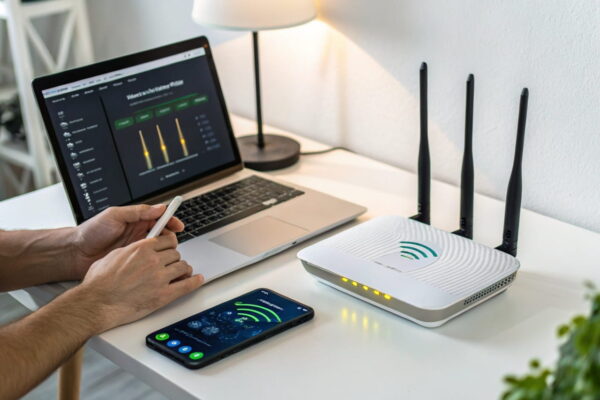 Person prüft Kabelverbindungen an einem Router mit leuchtenden LED-Anzeigen, während ein Smartphone und ein Laptop für Diagnosen genutzt werden.