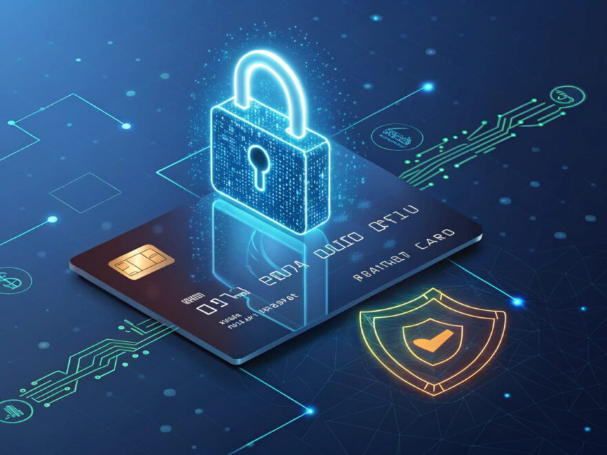 Illustration von Online-Zahlungssicherheit mit einem leuchtenden Schloss und digitalen Sicherheits-Symbolen wie Binärcode und Schild.