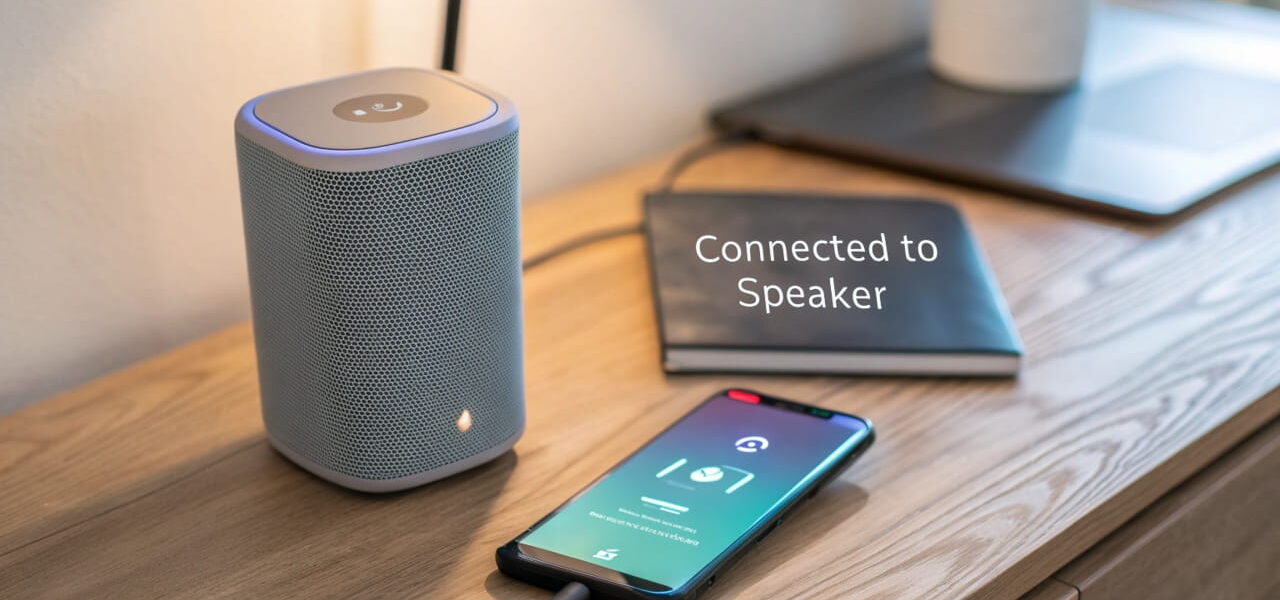 Smartphone mit Lautsprecher verbinden: Drahtlose Verbindung über Bluetooth dargestellt mit einem Smartphone und einem Lautsprecher auf einem Tisch.