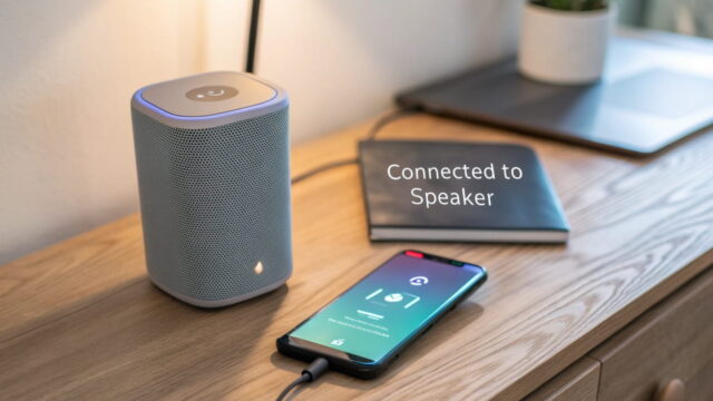 Smartphone mit Lautsprecher verbinden: Drahtlose Verbindung über Bluetooth dargestellt mit einem Smartphone und einem Lautsprecher auf einem Tisch.