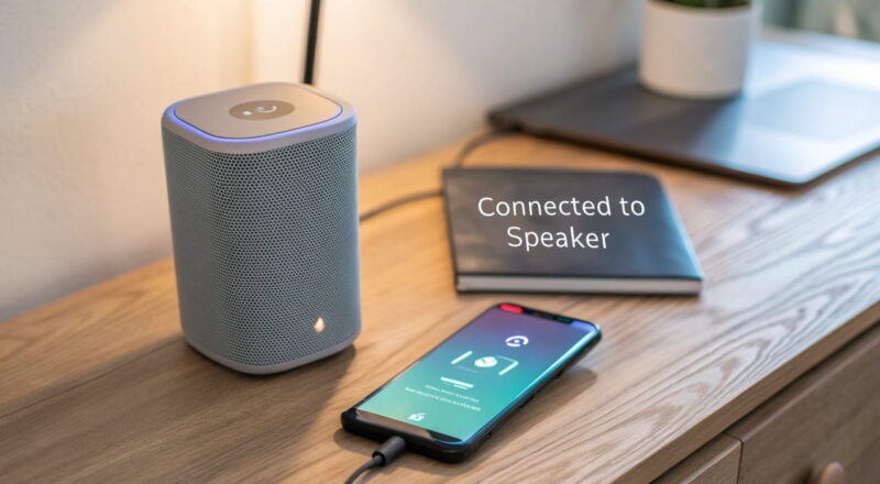 smartphone mit lautsprecher verbinden Smartphone mit Lautsprecher verbinden: Drahtlose Verbindung über Bluetooth dargestellt mit einem Smartphone und einem Lautsprecher auf einem Tisch.