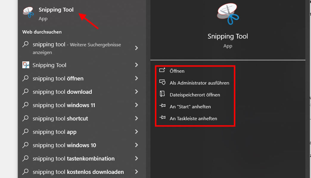 Snipping Tool öffnen: Übersicht der Suchergebnisse und Optionen