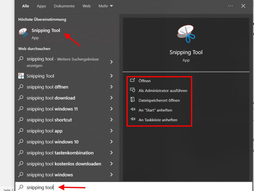 Snipping Tool öffnen: Übersicht der Suchergebnisse und Optionen
