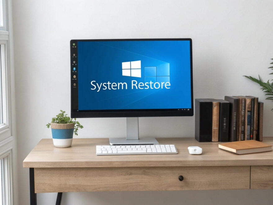 systemwiederherstellung pc Windows-PC mit geöffneter Systemwiederherstellungsfunktion, auf einem modernen Schreibtisch mit Tastatur und Maus.