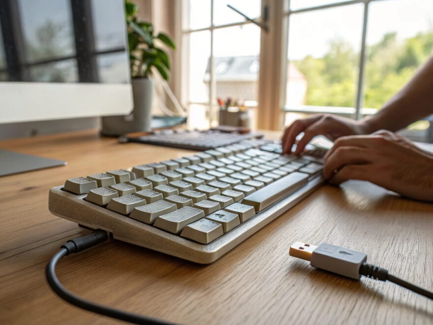 Person trennt eine Tastatur vom USB-Anschluss auf einem Schreibtisch, um ein Verbindungsproblem zu beheben.