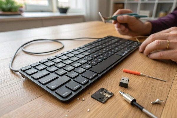 Tastatur reparieren bei Hardwaredefekt – Tipps und Lösungen Defekte Tastatur mit fehlender Taste und beschädigtem Kabel, während jemand versucht, sie zu reparieren.