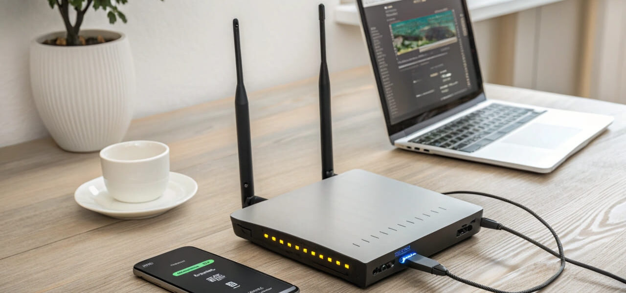 Router und Geräte im Heimnetzwerk, die eine Internetverbindung veranschaulichen.