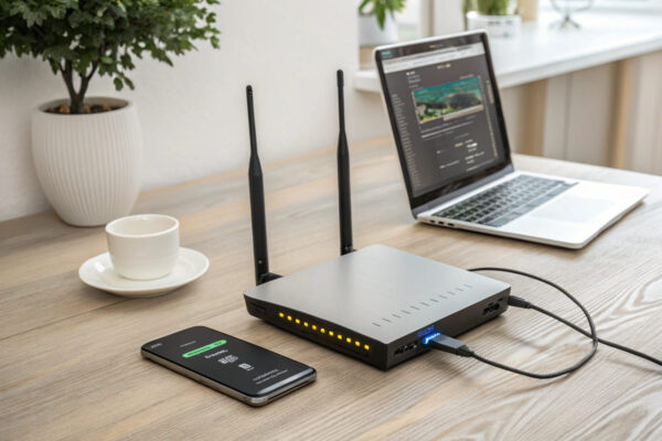 Router und Geräte im Heimnetzwerk, die eine Internetverbindung veranschaulichen.