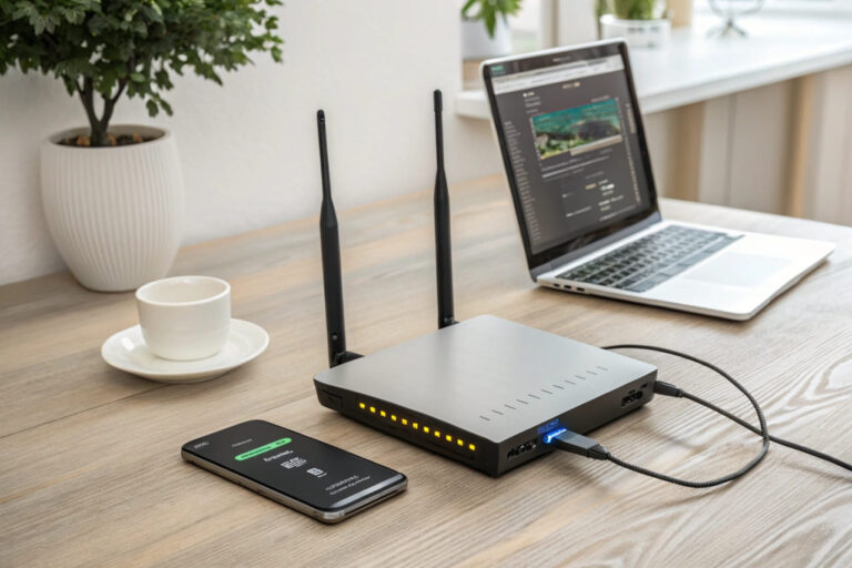 Router und Geräte im Heimnetzwerk, die eine Internetverbindung veranschaulichen.