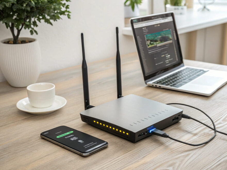 Router und Geräte im Heimnetzwerk, die eine Internetverbindung veranschaulichen.