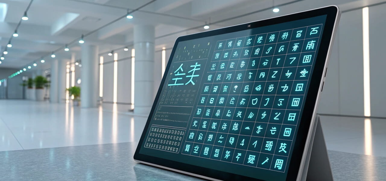 Darstellung von Unicode: Matrix aus Zeichen, Emojis und Symbolen auf einem futuristischen Bildschirm.