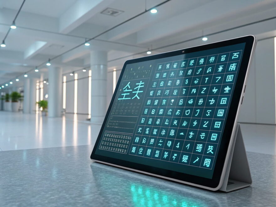 Darstellung von Unicode: Matrix aus Zeichen, Emojis und Symbolen auf einem futuristischen Bildschirm.