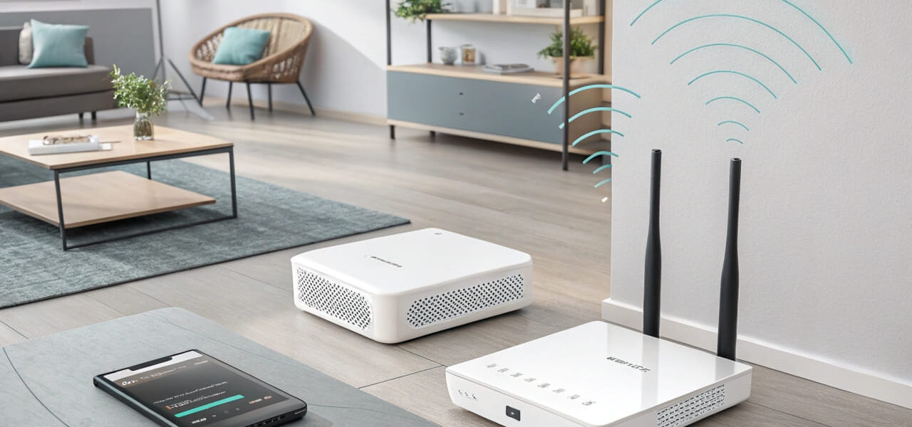 Illustration eines modernen Mesh-WLAN-Systems mit Router und Satellitenknoten in einem stilvollen Zuhause.