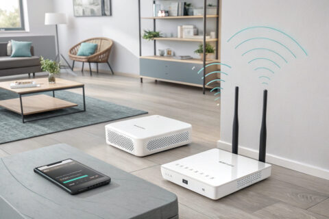 Illustration eines modernen Mesh-WLAN-Systems mit Router und Satellitenknoten in einem stilvollen Zuhause.