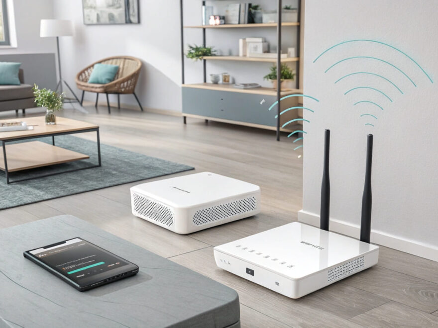 Illustration eines modernen Mesh-WLAN-Systems mit Router und Satellitenknoten in einem stilvollen Zuhause.