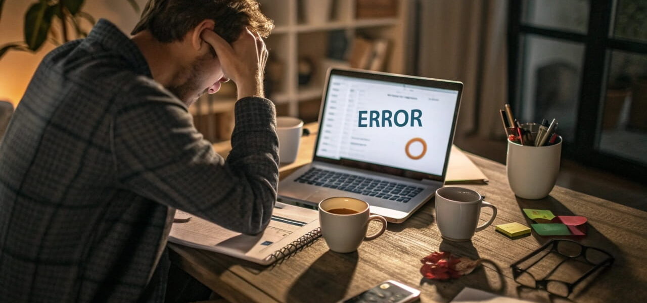 Frustrierter Nutzer vor einem Laptop mit Fehlermeldung, der Windows reparieren möchte.