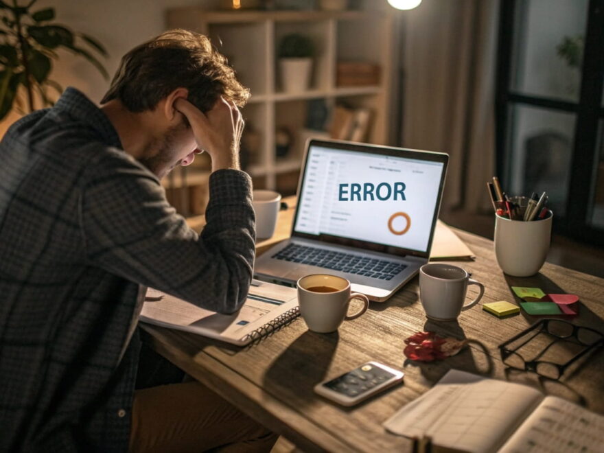 Frustrierter Nutzer vor einem Laptop mit Fehlermeldung, der Windows reparieren möchte.