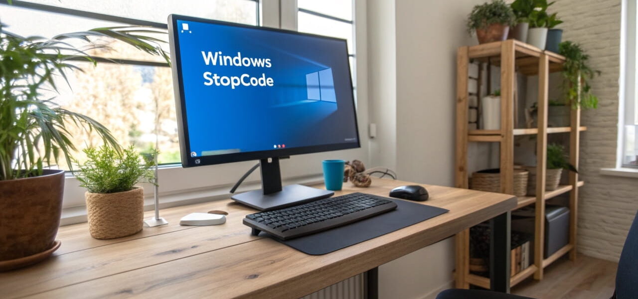 Computerbildschirm mit einem Windows Stopcode auf blauem Hintergrund in einem modernen Homeoffice.