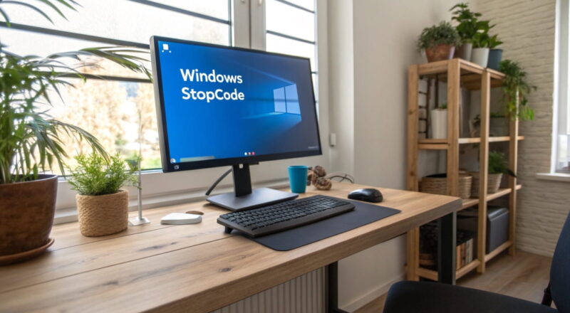 windows stopcode blue screen Computerbildschirm mit einem Windows Stopcode auf blauem Hintergrund in einem modernen Homeoffice.