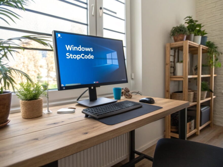 Computerbildschirm mit einem Windows Stopcode auf blauem Hintergrund in einem modernen Homeoffice.