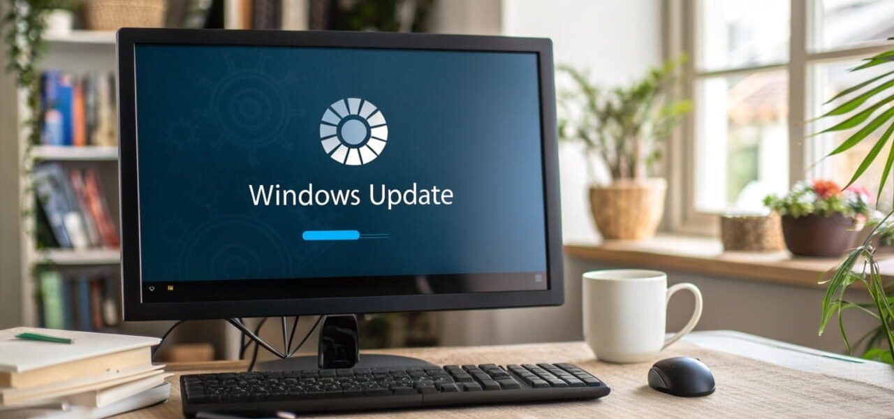 Windows Update hängt auf einem Desktop-Bildschirm in einem Home-Office-Setup.