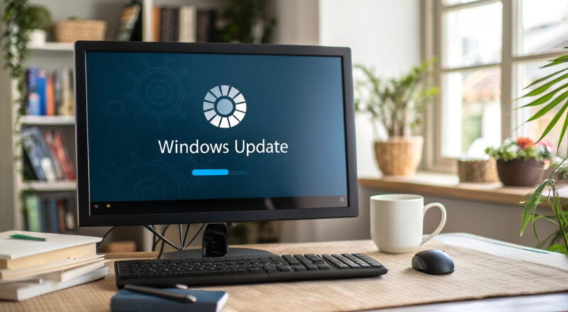 Windows Update hängt auf einem Desktop-Bildschirm in einem Home-Office-Setup.