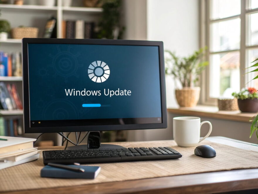 Windows Update hängt auf einem Desktop-Bildschirm in einem Home-Office-Setup.