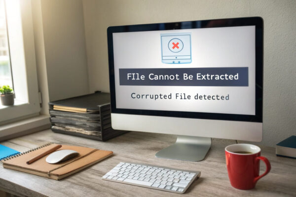 ZIP-Datei entpacken: Häufige Probleme und Lösungen Computerbildschirm zeigt eine Fehlermeldung zu einer beschädigten ZIP-Datei mit Hinweis auf Probleme beim Entpacken und mögliche Lösungen.