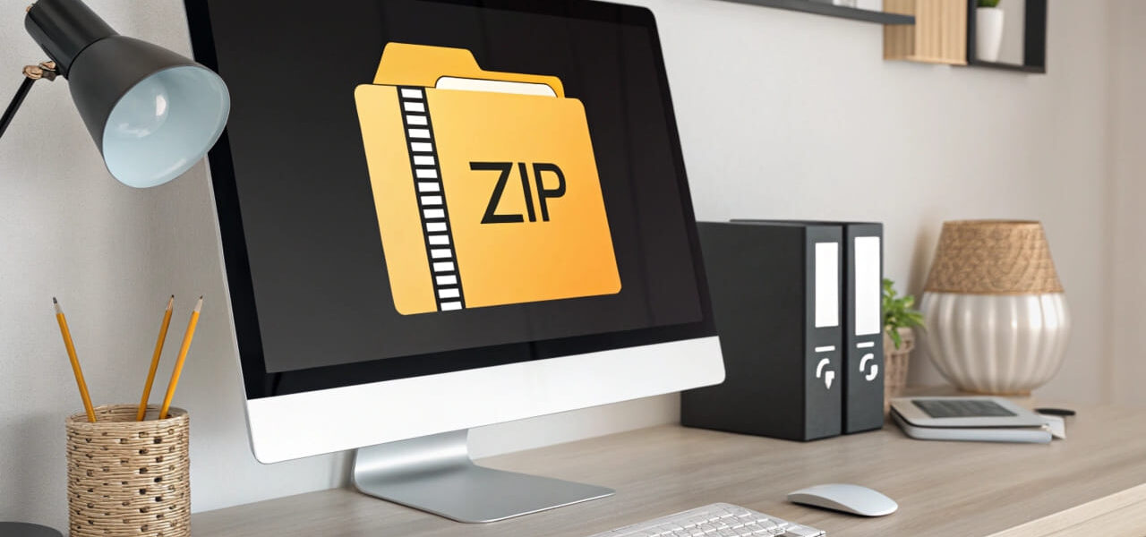 Illustration eines Computers mit einer ZIP-Datei und komprimiertem Ordner, die Vorteile von Datenkompression für Technikbegeisterte und Haushalte zeigen.