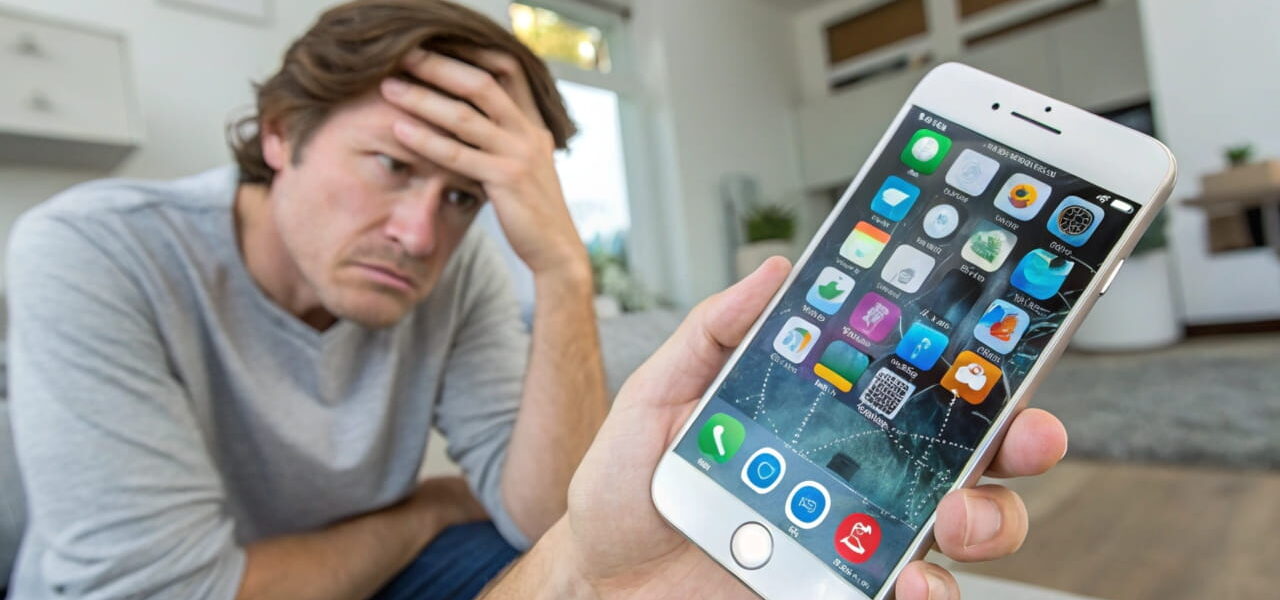 Frustrierte Person mit iPhone, auf dem abstürzende Apps angezeigt werden, im Hintergrund ein modernes Zuhause.