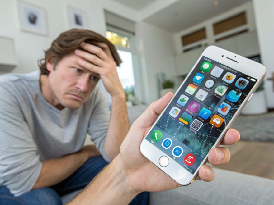 Frustrierte Person mit iPhone, auf dem abstürzende Apps angezeigt werden, im Hintergrund ein modernes Zuhause.