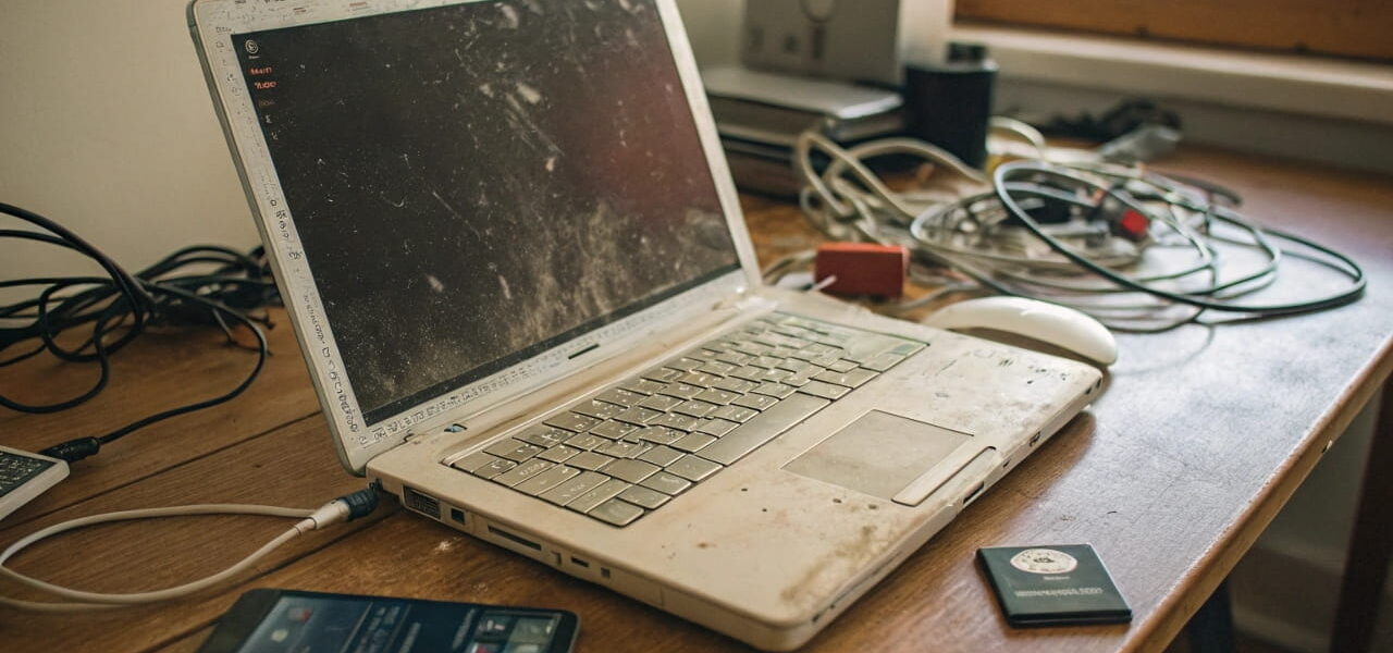 Ein alter, staubiger Laptop mit abgenutzter Tastatur und veralteten Programmsymbolen, der die Gründe für langsame Leistung zeigt.