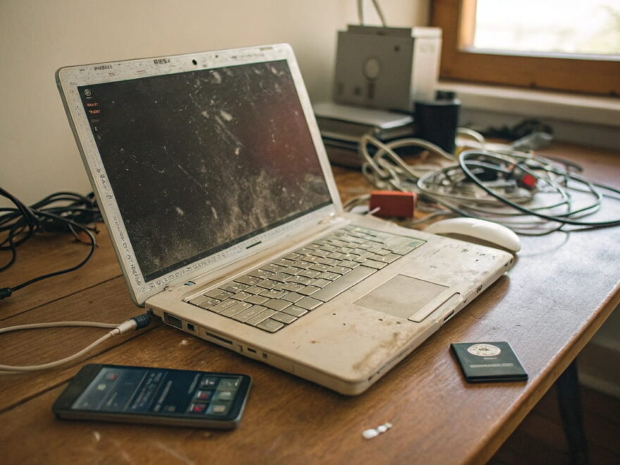 Ein alter, staubiger Laptop mit abgenutzter Tastatur und veralteten Programmsymbolen, der die Gründe für langsame Leistung zeigt.