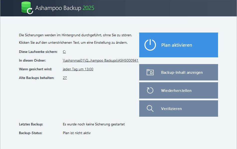 Screenshot der Benutzeroberfläche von Ashampoo Backup 2025 mit Einstellungen für automatische Datensicherungen.