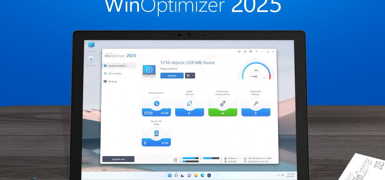 Screenshot der Benutzeroberfläche von Ashampoo WinOptimizer 2025 auf einem Laptop, der die Funktionen und Statistiken der Software zeigt.