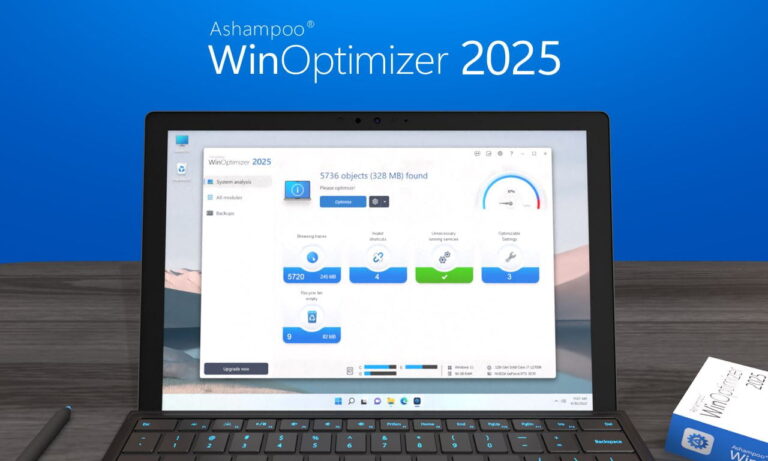 Screenshot der Benutzeroberfläche von Ashampoo WinOptimizer 2025 auf einem Laptop, der die Funktionen und Statistiken der Software zeigt.