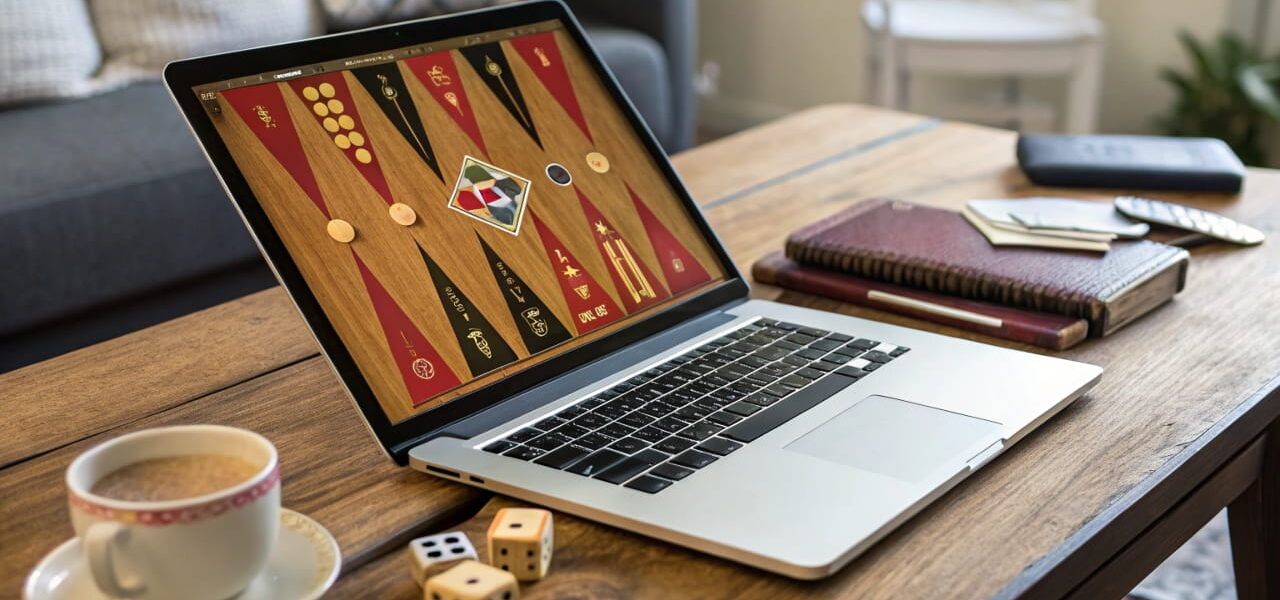 Online Backgammon-Spiel auf einem Laptop mit sichtbaren Würfeln und Spielfiguren, ideal für Einsteiger.