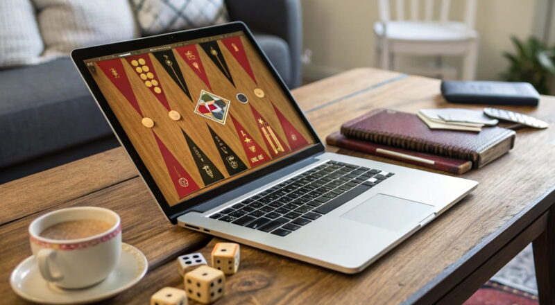 Online Backgammon-Spiel auf einem Laptop mit sichtbaren Würfeln und Spielfiguren, ideal für Einsteiger.