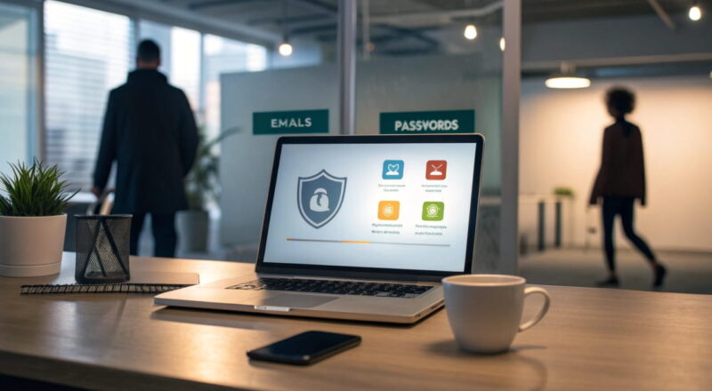 Laptop mit ungesperrtem Bildschirm in BĂĽro, fremde Person schaut darauf